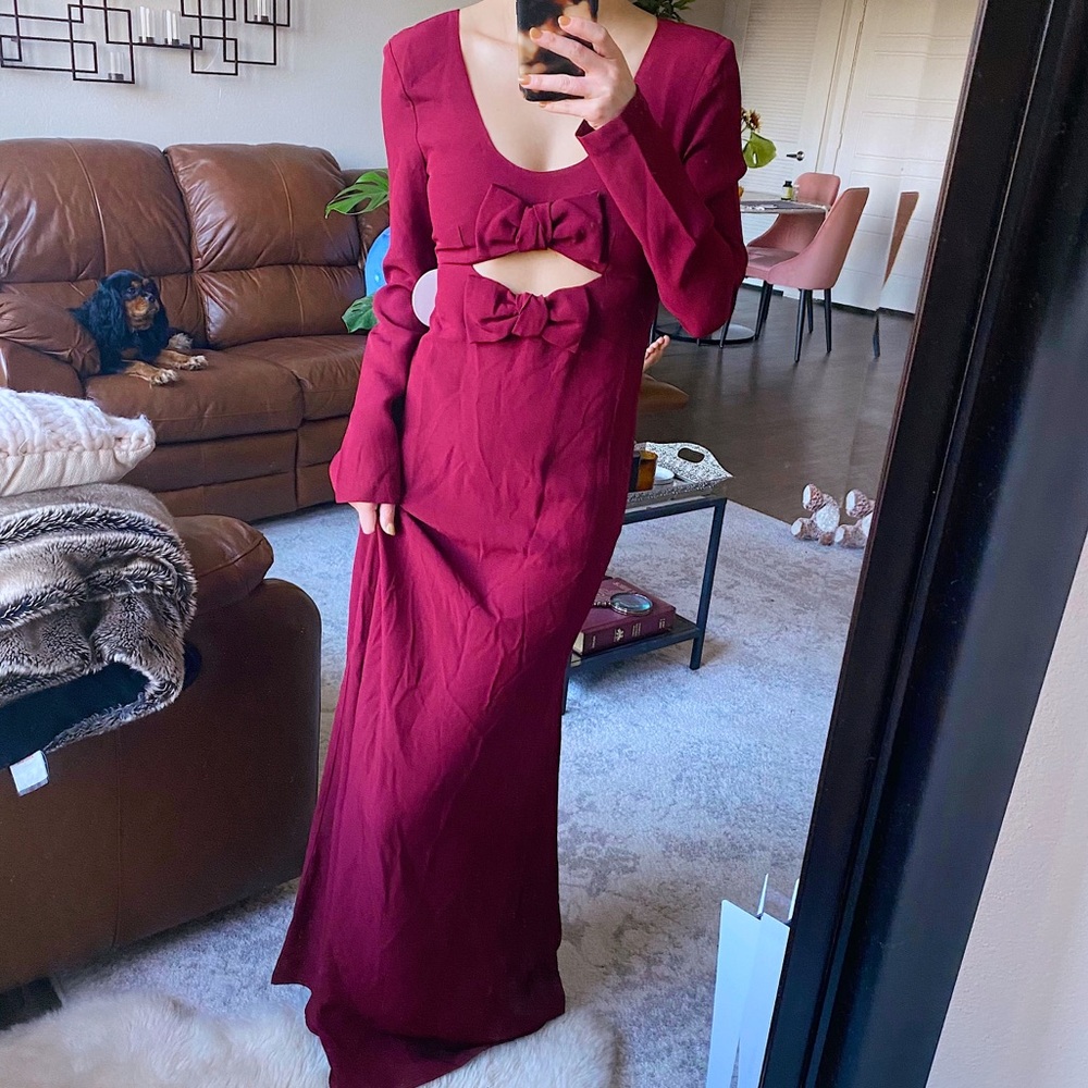 NWT STAUD Women's Lido Maxi Dress Red Garnet Bow Cutout long sleeve Dress 2